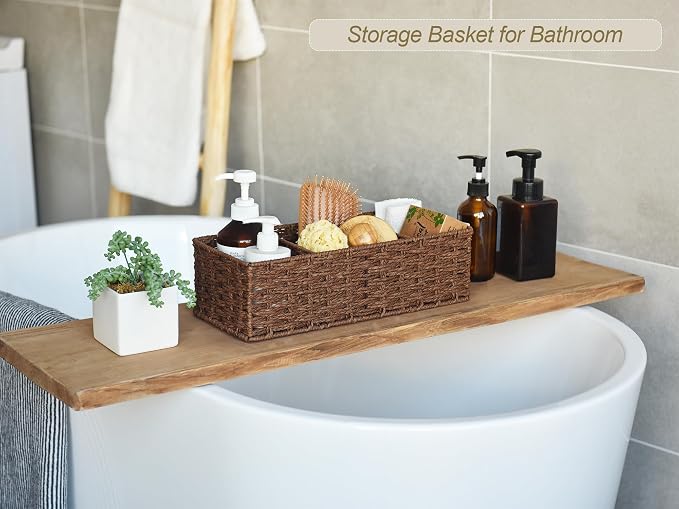 StorageWorks 3-Section Wicker Baskets for Shelves, Hand-Woven Round Paper Rope Storage Baskets, Walnut, 2-Pack