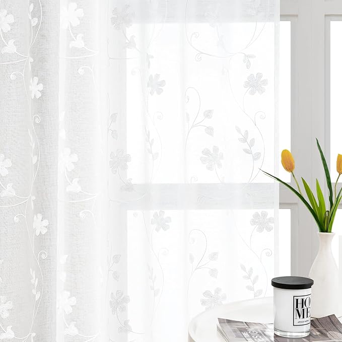 HOMEIDEAS White Sheer Curtains 84 Inches Long 2 Panels White Embroidered Floral by HOMEIDEAS