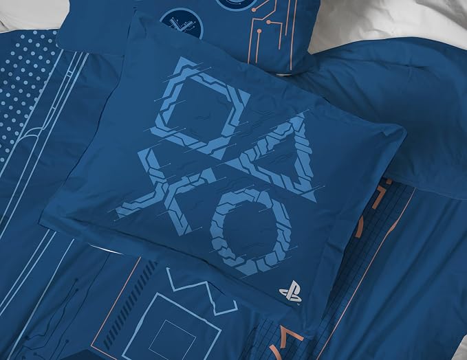 Jay Franco Kids Bed Set, Blue, PlayStation, 7 Piece Queen | Cozy Soft Bedding for Stylish Room Décor with Comforter, Sheets & Pillow Covers