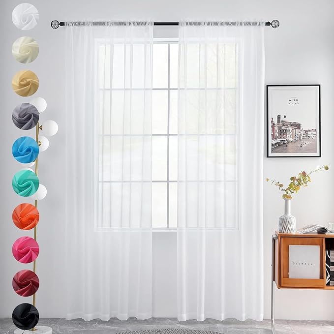 youleyar Solid Sheer Rod Pocket Curtain Voile Draperies 2 Panels White Beige Black Grey Coffee 60 Inch Width 63 Inch Long 1 Pair for Kitchen Bedroom Children Living Room Yard(White,60Wｘ63L)