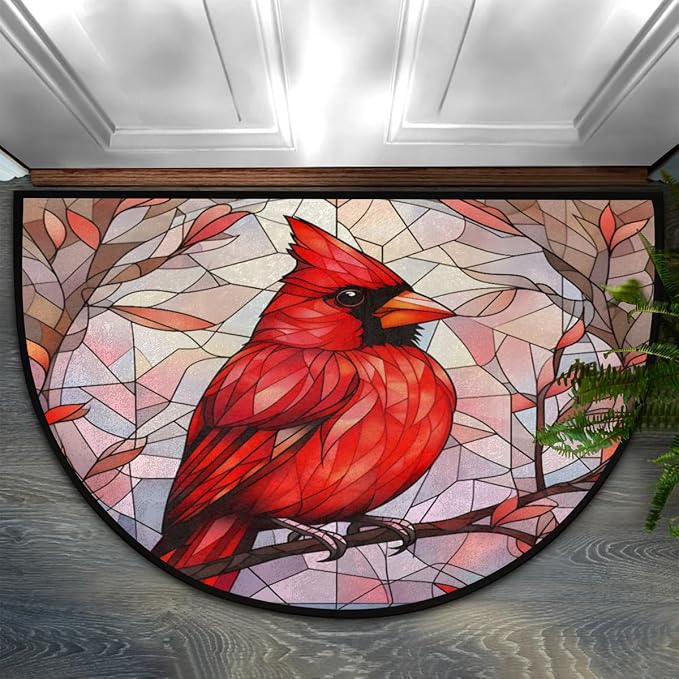 Half Round Door Mat Indoor,Cardinal Bird Glass Painting Non-Slip Entrance Welcome Mats for Bedroom Semi Circle Bathroom Floor Rugs House Entry Way Area Heavy Duty Doormat for Living Room 36x24 In