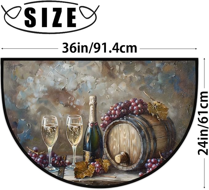 Wine Half Round Doormat Non-Slip Semi Circle Rug Half Moon Mat | Grey Painting Fruit Washable Soft Absorbent Indoor Outdoor Entrance Kitchen Bathroom Sink Patio Welcome Fireplace Floor Rug