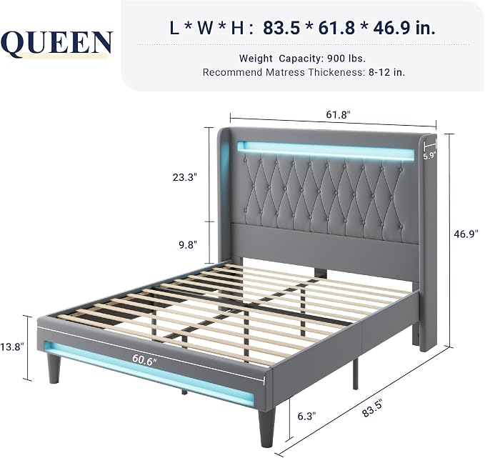 Allewie Queen Size Upholstered Bed Frame with LED & Charging Station, Gray | Customizable LED lights, charging station, tufted wingback headboard, noise-reducing support, and no box spring needed.