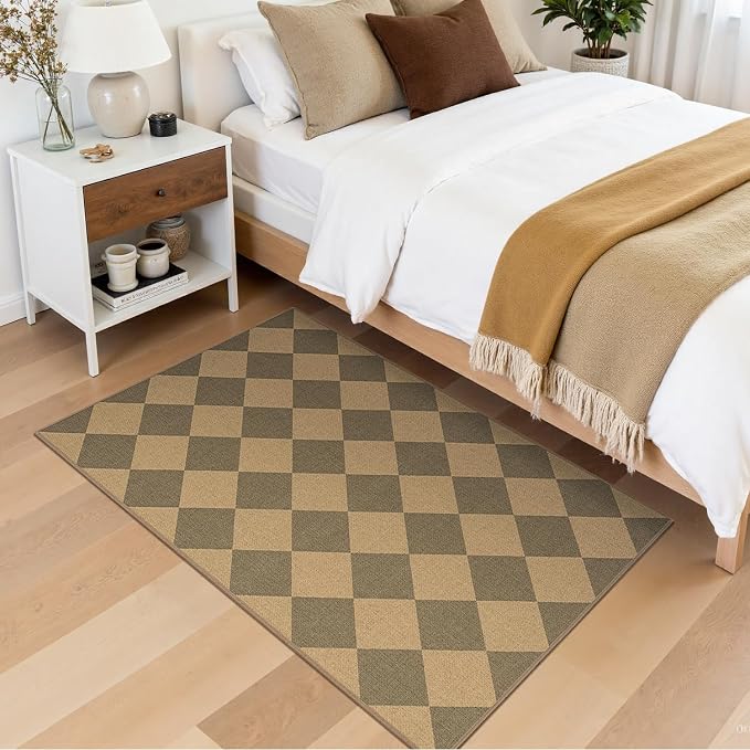Lessymo Checkered Entryway Rug 3x5, Easy Jute Washable Rugs for Living Room | Outdoor Patio Area Rug, Non Slip Indoor Door Mat Farmhouse Neutral Carpet for Guestroom Foyer Backyard, Diamond Brown/Beige