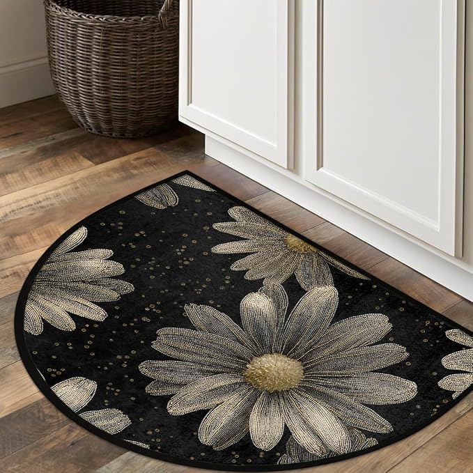 Daisy Half Round Door Mat Semi Circle Rug Half Moon Doormat | Soft Washable Black Elegant Welcome Entrance Mat for Outdoor Indoor Floor Bedroom Bathroom Home Kitchen Festival Decor