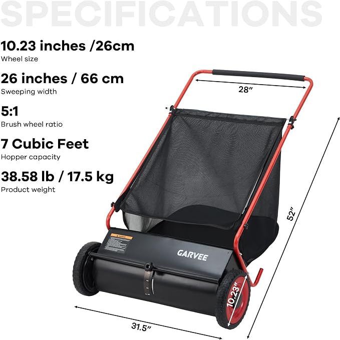 Push Lawn Sweeper, 26 in Leaf & Grass Collector with 7 cu. ft. Hopper Bag, Heavy Duty Yard Sweeper with Clear Dust Cover & Large Collection Bag for Lawn Yard Cleanup