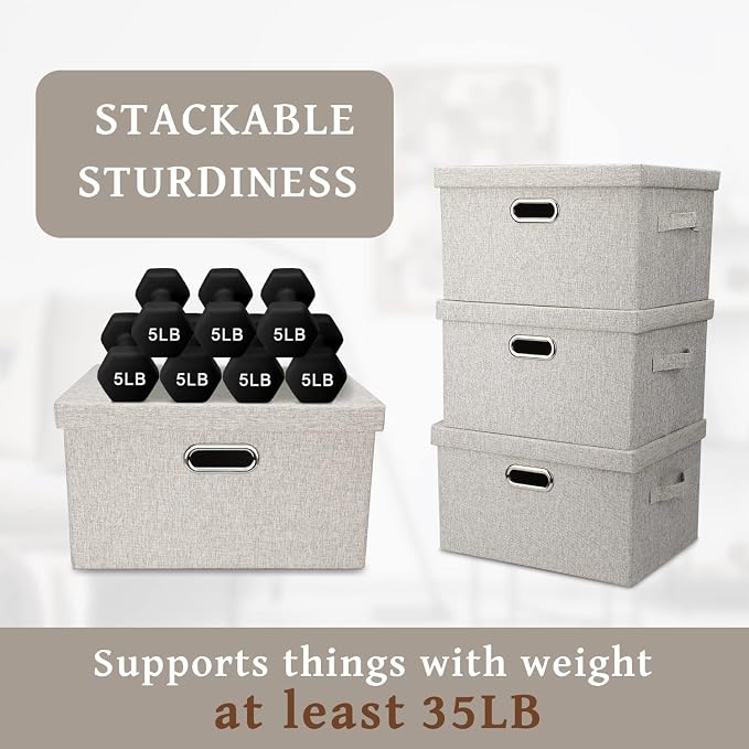 Graciadeco Medium 15" 21 Quart Collapsible Stackable Storage Bins with Lids, 3 Packs Beige Foldable Fabric Closet Boxes Heavy-duty Linen Cube Baskets Container for Bedroom Office (15 x 11 x 8) | 21 Quart 3 Pack Beige Collapsible Stackable Linen Fabric ...