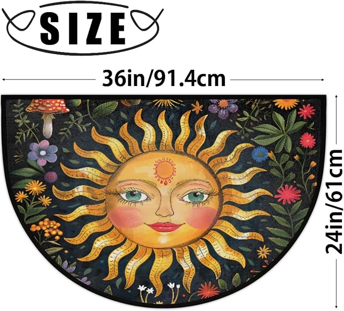 Sun Half Round Doormat Non-Slip Semi Circle Rug Half Moon Mat | Mushroom Flower Ethnic Washable Soft Absorbent Indoor Outdoor Entrance Kitchen Bathroom Sink Welcome Fireplace Floor Rug