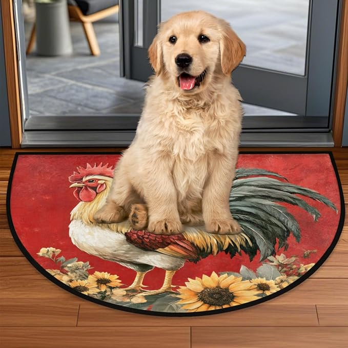 Pardick Half Round Door Mat Vintage Rooster Red Anti-Slip Semi Circle Rug 24X36 Indoor Door Mat Half Moon Bath Mats, Washable Decorative Welcome Floor Mats for Kitchen Bathroom Hearth Fireplace,Q-7