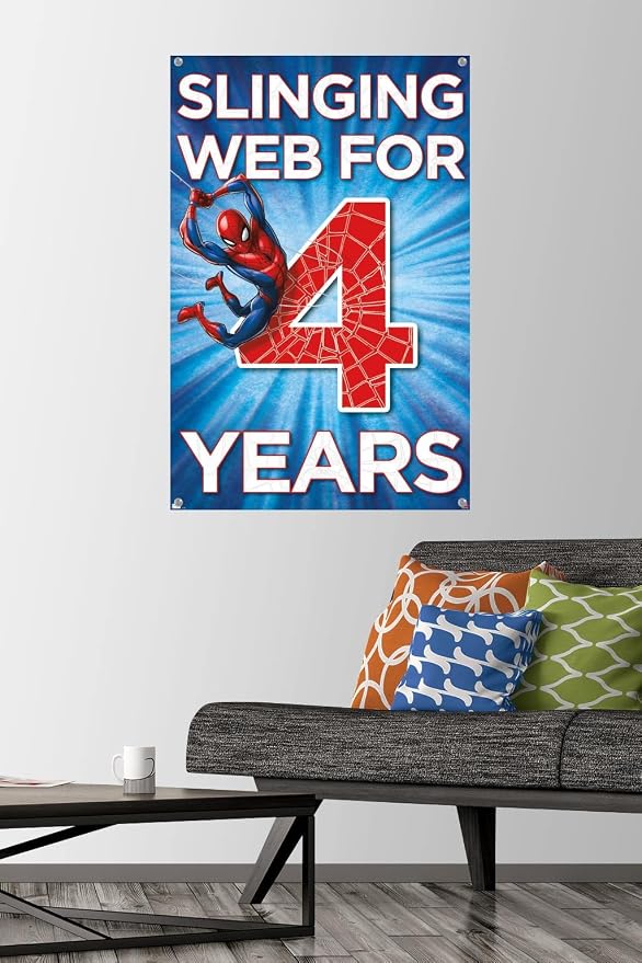 Trends International Marvel Spider-Man - Happy 4th Birthday Wall Poster, 22.37" x 34.00", Premium Poster & Push Pin Bundle