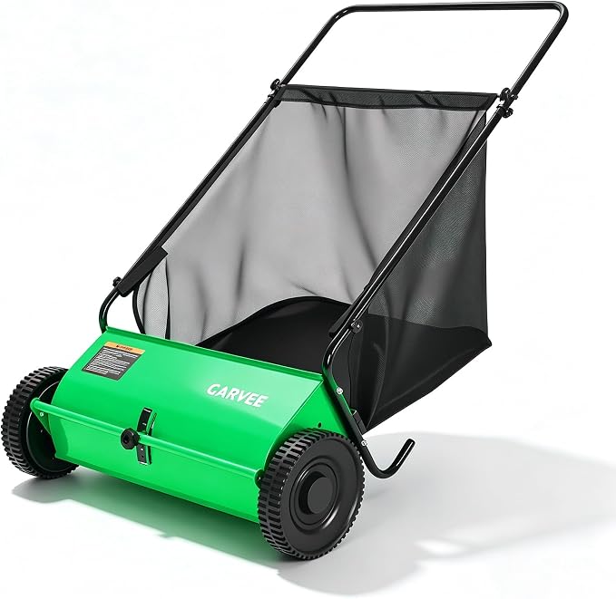 Garvee 26 Inch Push Lawn Sweeper, Walk Behind Leaf Grass Collector with 7 Cu ft Hopper Bag, Carbon Steel Frame, Yard Sweeper with Adjustable Brush Height for Garden Patio Driveway Leaves Cleanup | 7 Cu ft Hopper Bag, Carbon Steel Frame, Yard Sweeper wi...
