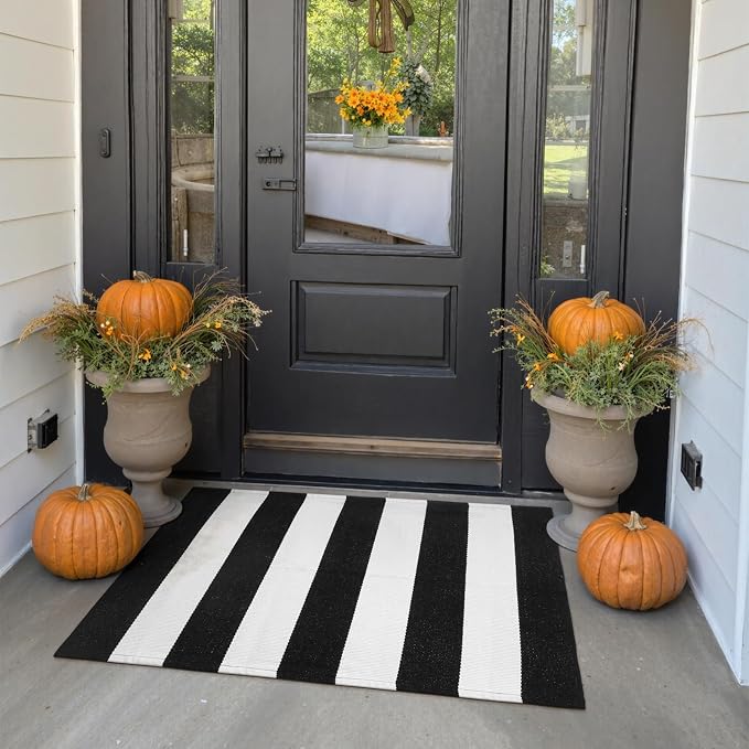 Collive Black and White Striped Outdoor Rug 24"x 35", Washable Front Door Mat, Cotton Woven Farmhouse Fall Front Porch Rug Decor, Layered Door Mats Outdoor for Entryway Kitchen