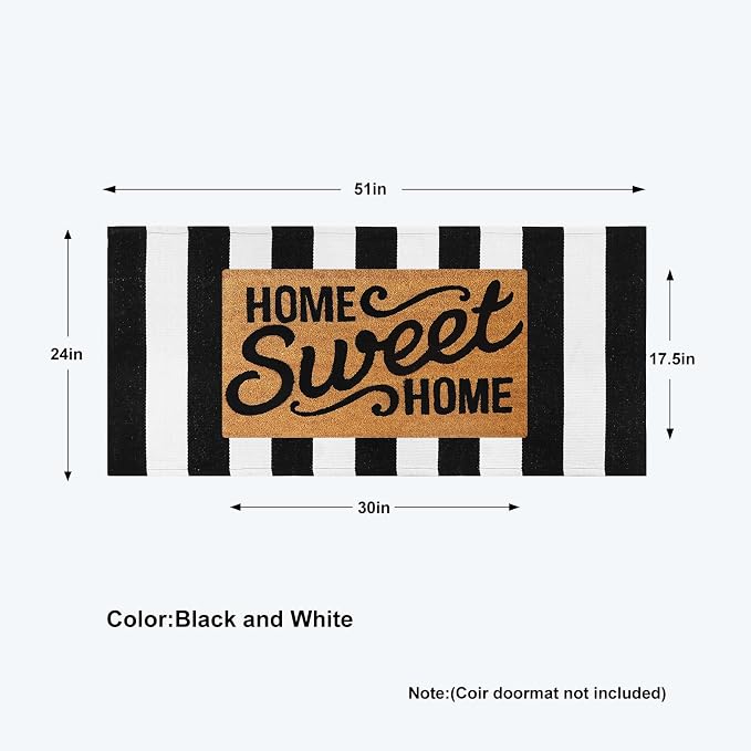 Collive Black and White Outdoor Striped Rug 24"x 51", Cotton Woven Fall Front Porch Rug Decor,Washable Front Door Rugs, Farmhouse Layered Door Mats Outdoor for Entryway Entrance