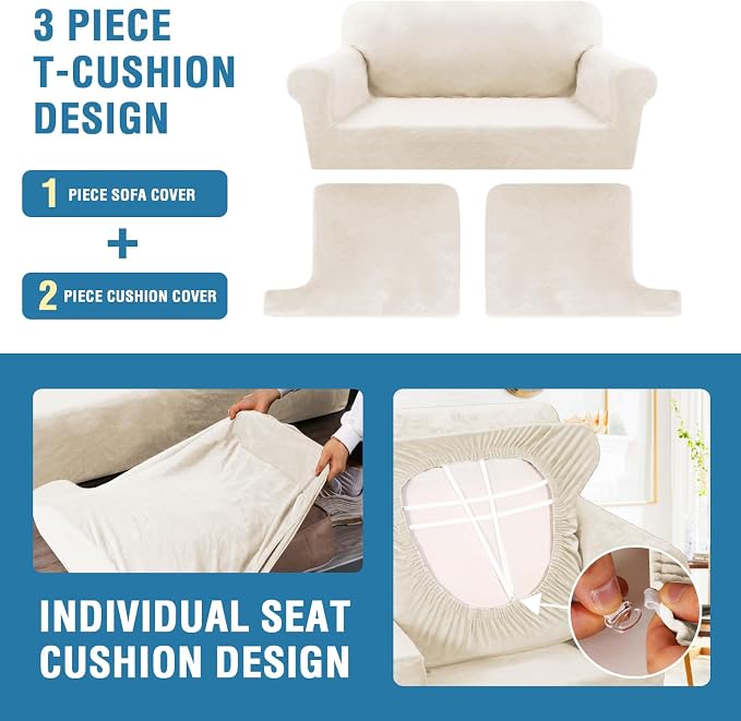 H.VERSAILTEX Sofa Cover 3 Piece T Cushion Sofa Slipcovers Thick Velvet Couch Cover Stretch T Cushion Sofa Covers for 2 Cushion Couch with 2 Individual T Cushion Covers, Cream