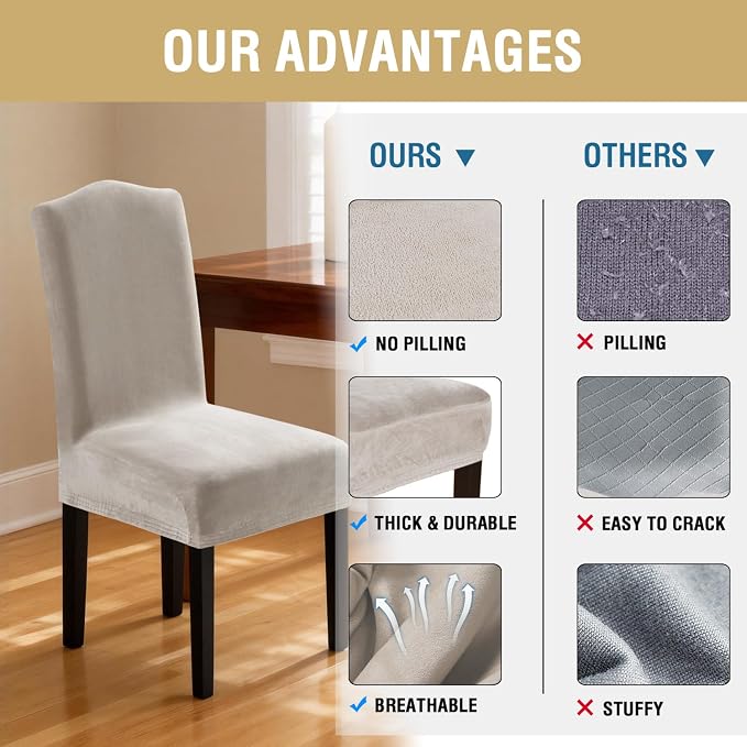 H.VERSAILTEX Velvet Dining Chair Covers Stretch Chair Covers for Dining Room Set of 6 Parson Chair Slipcovers Chair Protectors Covers Dining, Soft Thick Solid Velvet Fabric Washable, Oatmeal
