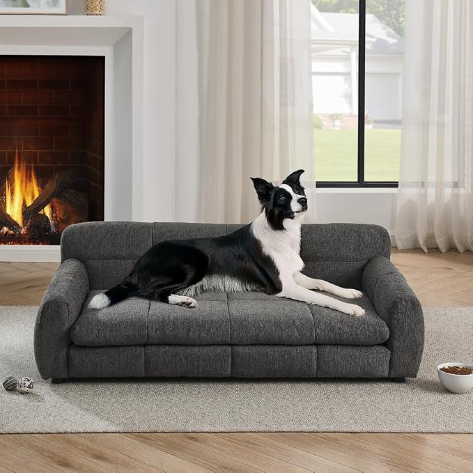 Dog Couch Bed with Backrest and Armrest, Durable Pet Sofa with Soft Foam Cushion, Elevated Dog Couch Bed with Legs for Medium and Large Dogs, Stone Grey