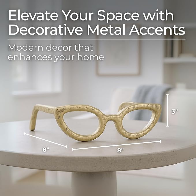 Cateye Glasses Decorative Object – Aluminum Sculpture Modern Home Decor Ornament – Shelf Styling & Coffee Table Decor for Bathroom, Office & Living Room – 7"x3", Gold
