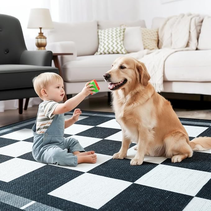 Vasofe 5x7 Jute Checkered Rugs, Washable Outdoor Patio Rug for Living Room | Indoor Carpet, Non-Slip Farmhouse Geometric Non Slip Area Rug for Backyard Dining Room Bedroom Balcony, Black and White