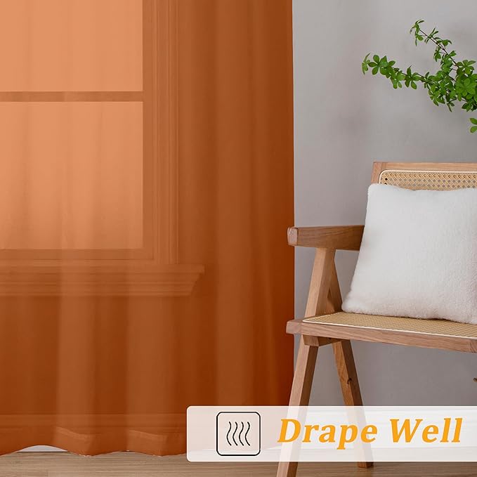 Gwine Burnt Orange Sheer Curtain Tiers 24 Inch Length, Light Filtering Voile - Image 7