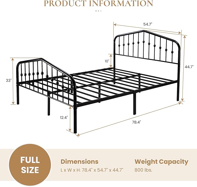SHA CERLIN Full Size Metal Bed Frame with Wrought Iron-Art Headboard, Black | Victorian Style Metal Platform Bed Frame, Wrought Iron-Art Headboard and Footboard, Under-Bed Storage, No Box Spring Needed