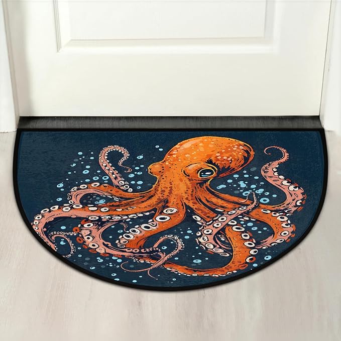 Pardick Half Round Doormat Semi Circle Rug Abstract Animal Octopus Non Slip Indoor Outdoor Entrance Half Moon Rug Absorbent Durable Washable Front Floor Mat for Kitchen Bathroom Patio Fireplace