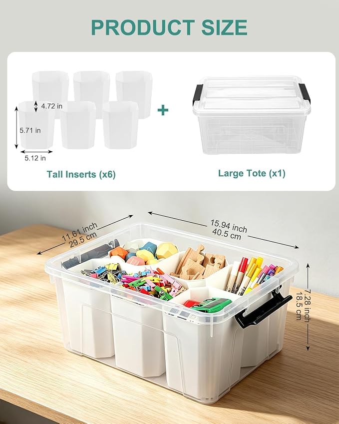 NUMIFUN 17QT Clear Storage Bins with Lids & Dividers for Crafts | Stackable 17-quart transparent box featuring 6 tall removable inserts. Perfect for organizing crafts, tools, toys & crayons