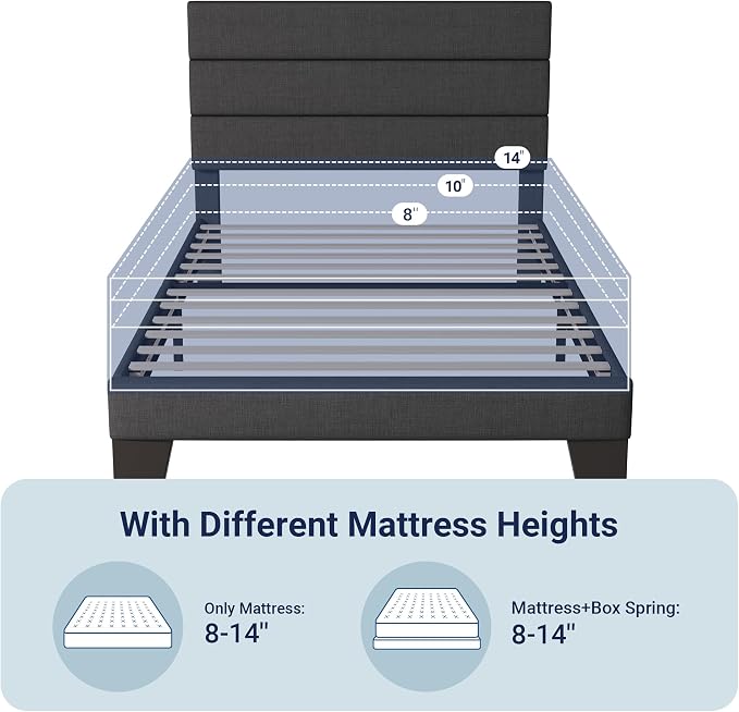 Allewie Twin Size Platform Bed Frame with Fabric Upholstered Headboard Gray | Wooden Slats Support, Fully Upholstered Mattress Foundation, No Box Spring Needed, Easy Assembly, Noise-Free, Dark Grey