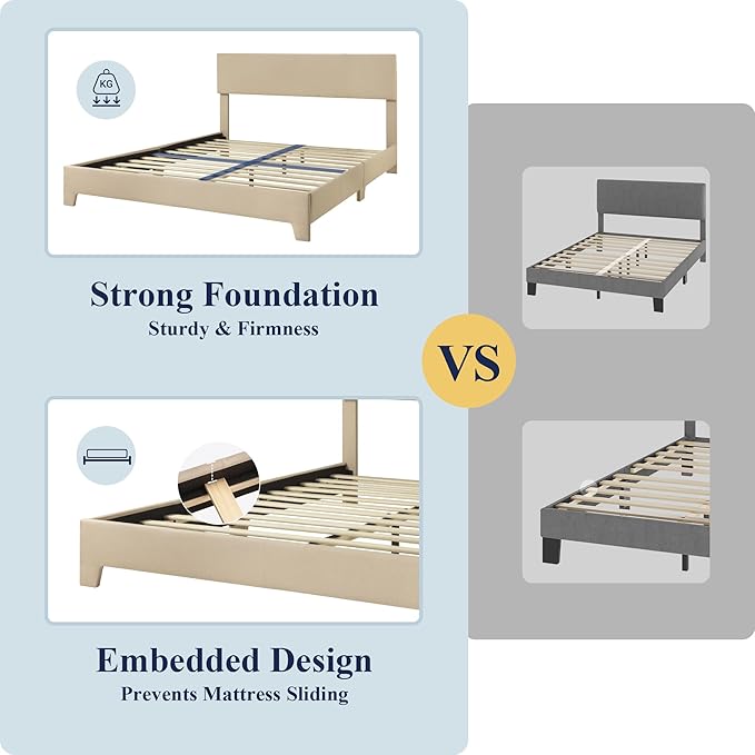 Allewie Queen Size Upholstered Bed Frame Adjustable Headboard, Beige | Platform Bed with Heavy Duty Mattress Foundation, Noise-Free, Easy Assembly, Wood Slat Support, No Box Spring Needed