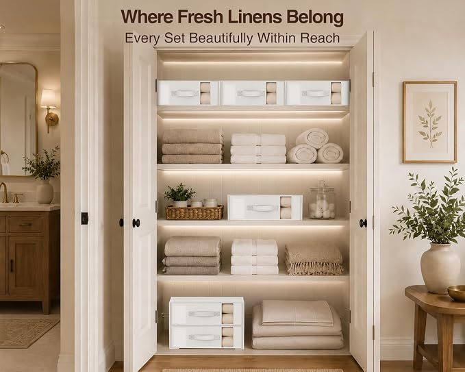 DIMJ Bed Sheet Organizers and Storage 8 Pack - Foldable Sheet Holder, Linen Closet Organizer Box for Sheets Set, Bedding, Blankets, Towel (King & Queen Size)
