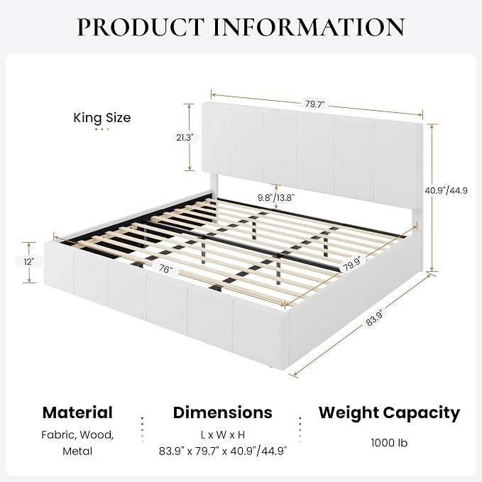 SHA CERLIN King Size Bed Frame, Velvet Upholstered Platform Bed, Vertical Channel Tufted Adjustable Headboard, Low Profile Bed Frame, No Box Spring Needed, Easy Assembly, White