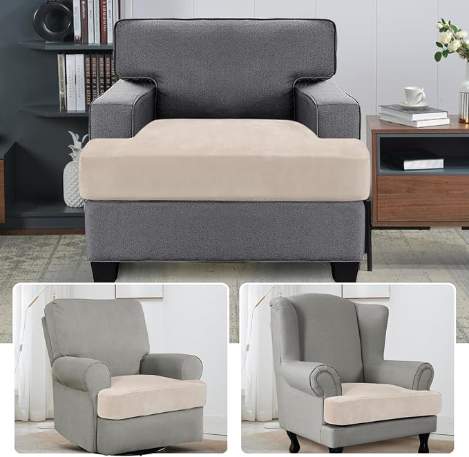 H.VERSAILTEX Stretch Velvet T Cushion Chair Covers for Living Room Armchair Sofa Cover Couch Cover Slipcover T Cushion Seat Cover Stay with Elastic Bands (Armchair, Cream)