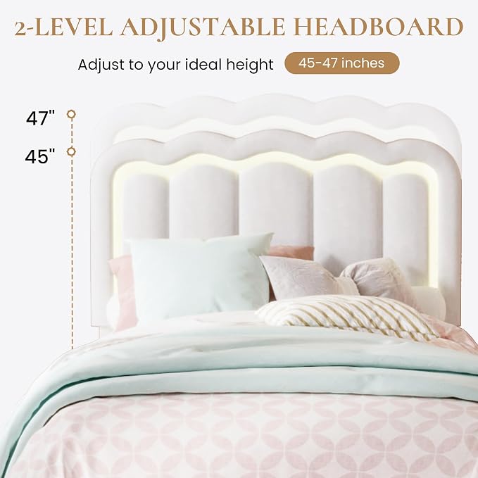 SHA CERLIN Twin Size Bed Frame with LED Lights and Storage Drawer, White | Upholstered Velvet Platform Bed with Adjuatable Wavy Headboard, Noise-Free, Easy Assembly,No Box Spring Needed