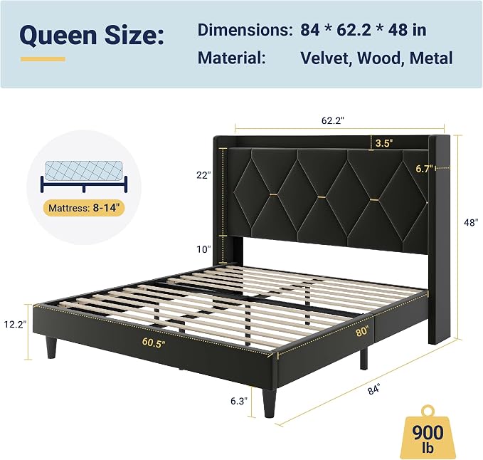 Allewie Queen Bed Frame with Storage Headboard & Charging Station | Diamond Tufted Design & Gold Trim, Velvet Upholstered Platform Bed, No Box Spring Needed, Easy Assembly, Noise-Free, Black
