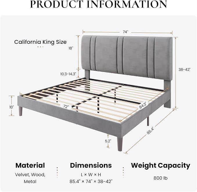 SHA CERLIN California King Bed Frame, Velvet Upholstered Bed with Adjustable Headboard, Vertical Channel Tufted Design, Sturdy Wood Slat Support, No Box Spring Needed, Easy Assembly, Grey