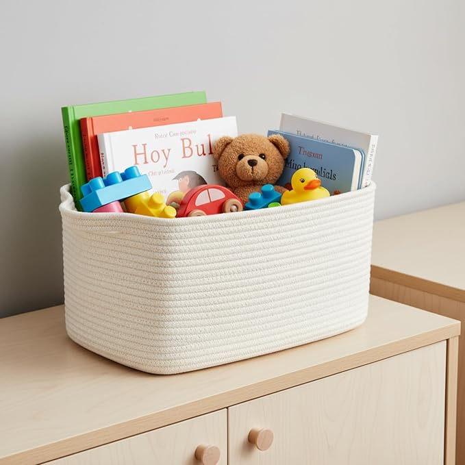 R RUNKA Cotton Rope Basket Set of 3 (15"x10.2"x9.1") - Rectangle Storage Bins - Versatile Toy Storage Organizer - Perfect for Kids, Dog Toys, Books, Shelves - White