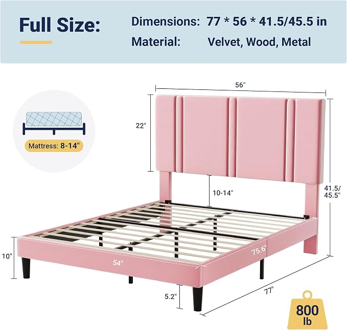 Allewie Full Size Platform Bed Frame with Adjustable Headboard | Plush Velvet Upholstered, Vertical Channel Tufted, Sturdy Wood Slats, No Box Spring Needed, Easy Assembly, Pink