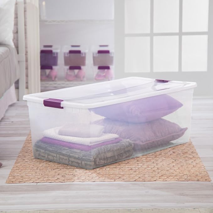 Sterilite 4-Pack 110 Quart ClearView Latch Box, Stackable Organizer Bins with Latching Lids - Clear Plastic Organization Containers for Closet, Bedroom, Shelving Units and Everyday Home Storage | Clear Plastic Organizers with Color Accent Latches for C...