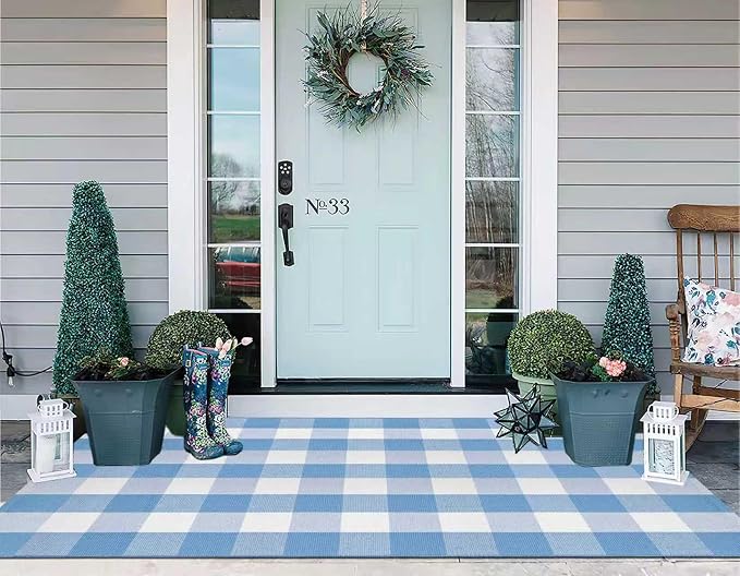 Buffalo Plaid Rug 3'x 5' Light Blue and White Checkered Porch Rug Cotton Woven Washable Layering Door Mat for Welcome Door Mat Porch Entryway Bedroom Living Room
