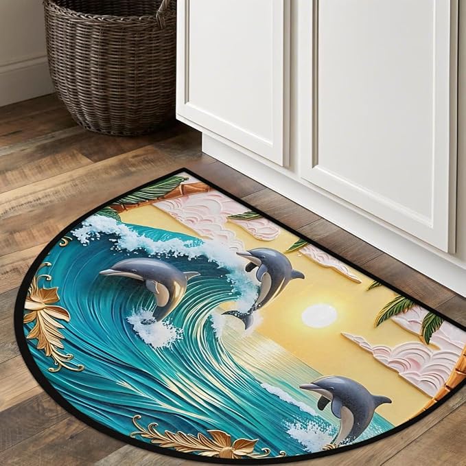 Dolphin Beach Sea Half Round Door Mat Non-Slip Semi Circle Rug Washable Half Moon Floor Rug Absorbent Bathroom Area Rugs for Outdoor Indoor Fireplace Mat Entryway Kitchen Decor Rugs