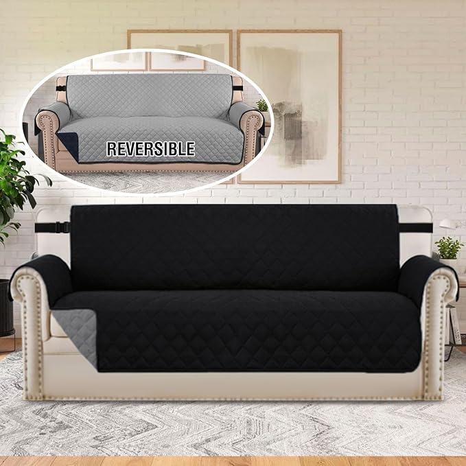 H.VERSAILTEX Reversible Couch Cover Sofa Cover for 3 Cushion Couch Water Resistant Dog Couch Protector Furniture Cover for Pet Non Slip Sofa Couch Cover with Elastic Strap(Oversized Sofa, Black/Grey)