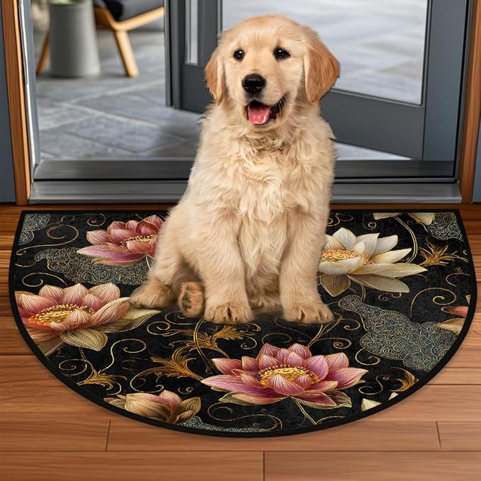 Ethnic Lotus Half Round Rug Half Moon Door Mat Half Circle Rugs | Flowers Art Washable Non-Slip Semi Circle Rug Welcome Half Round Door Mat Indoor Entrance Kitchen Bedroom Living Room Decor