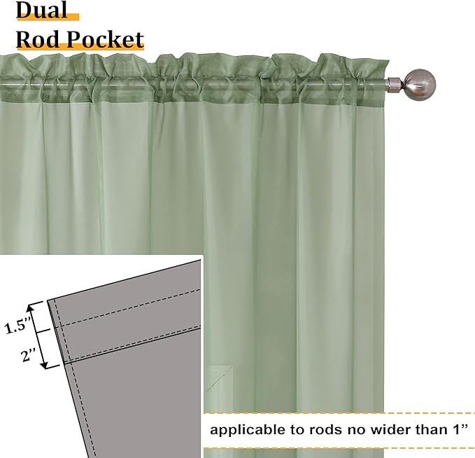Aiyufeng Sage Green Sheer Curtains 90 Inches Long, Light Filtering Rod Pocket Solid Color Window Sheer Curtain Panels, Elegant Curtains & Drapes for Living Room, Bedroom 2 Panels (Sage, 59" W x 90" L)