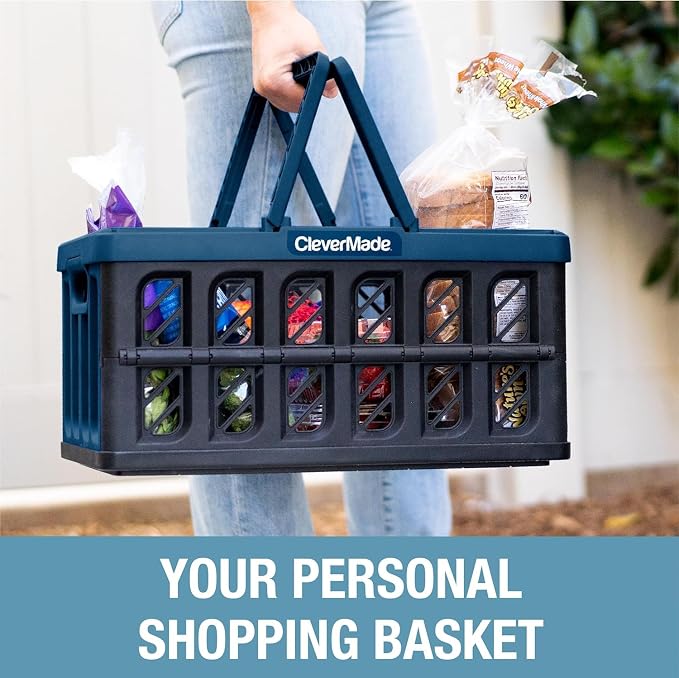 CleverMade Collapsible Shopping Basket, 24L, 3 Pack, Stone | Rigid walls protect groceries and supplies. Each basket carries 25 lb, stacks securely, and folds to 2.25 inches.