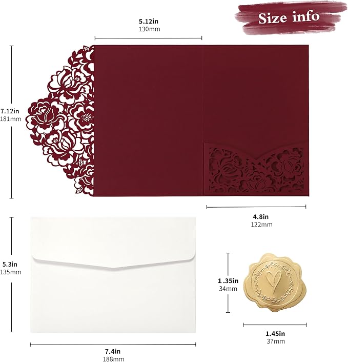 DORIS HOME Laser Cut Wedding Invitation Pockets, Burgundy, 5"x7" | 50pcs, With Envelopes, For Wedding & Anniversary, No Inserts Included