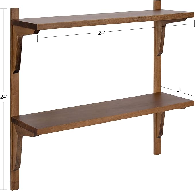 Kate and Laurel Meridien Farmhouse Wood Shelves, 24 x 8 x 24, Rustic Brown, Modern Two Tier Wall Shelf for Storage and Display