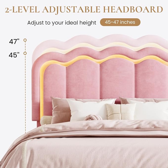 SHA CERLIN Queen Size Bed Frame with LED Lights and Storage Drawer, Pink | Upholstered Velvet Platform Bed with Adjuatable Wavy Headboard, Noise-Free, Easy Assembly,No Box Spring Needed