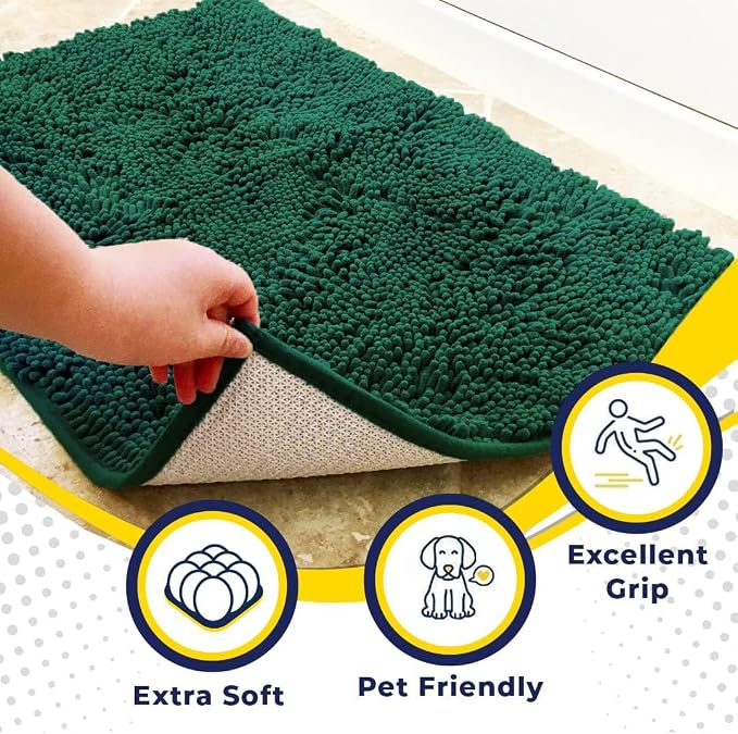 Muddy Mat® | Super Water Absorbent Door Mat Indoor, Microfiber Quick Dry Chenille Entryway Rug, Slip Resistant Front Door Mat, Indoor Mats for Entryway, Machine Washable Pet Rug, Dark Green 36" x 72"