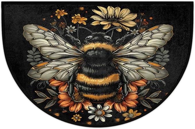 Pardick Half Round Door Mat Cute Bee and Flowers Anti-Slip Semi Circle Rug 24X36 Indoor Door Mat Half Moon Bath Mat, Washable Decorative Floor Mat for Kitchen Bathroom Hearth Fireplace