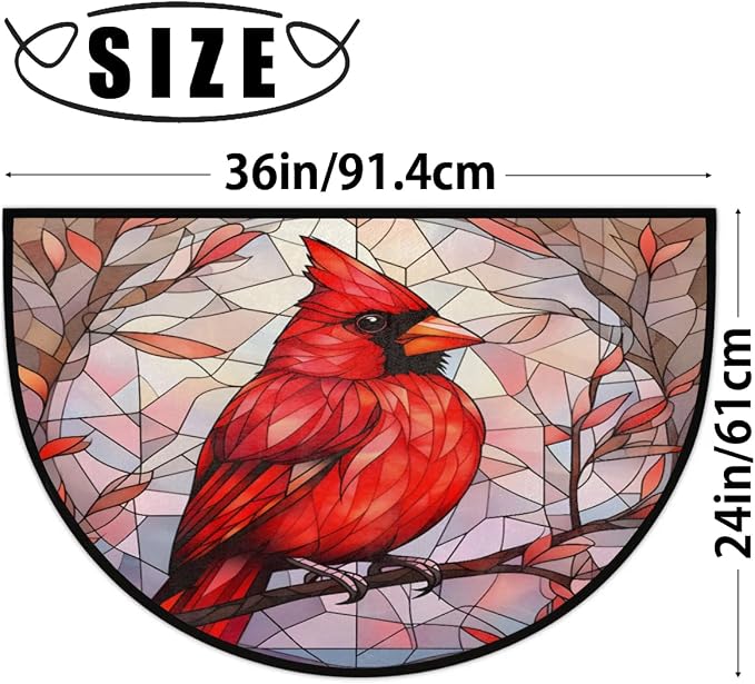 Half Round Door Mat Indoor,Cardinal Bird Glass Painting Non-Slip Entrance Welcome Mats for Bedroom Semi Circle Bathroom Floor Rugs House Entry Way Area Heavy Duty Doormat for Living Room 36x24 In