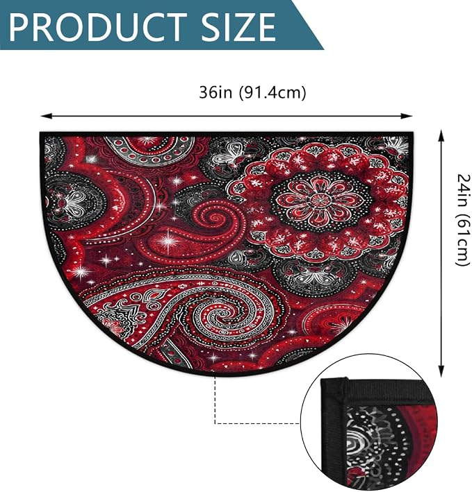 Paisley Half Round Rug Half Moon Door Mat Half Circle Rugs | Ethnic Flowers Washable Non-Slip Semi Circle Rug Welcome Half Round Door Mat Indoor Entrance Bedroom Living Room Decor B286